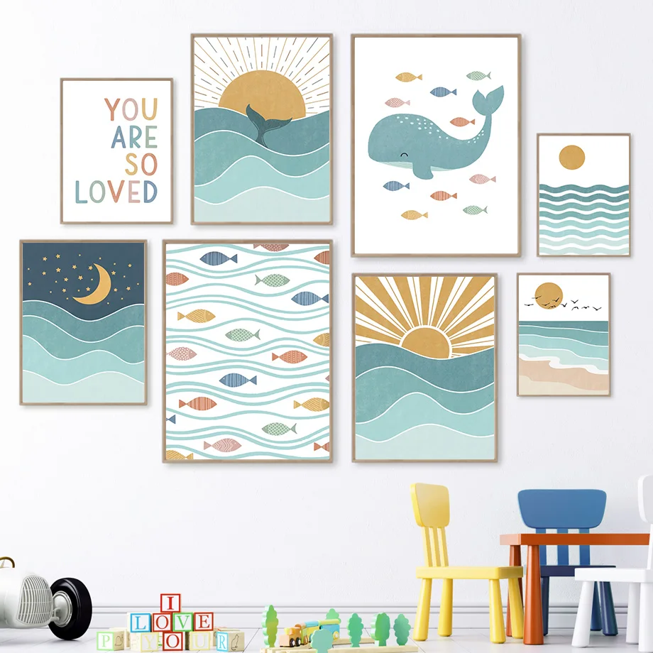 1pc frameless Fish Whale Seagu - Baby Boy Nursery Quotes 评论和价格
